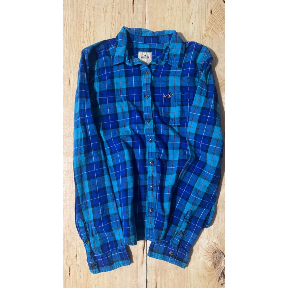 Hollister Women's Blue Plaid Flannel Button Down Shirt Long Sleeve Cotton Large